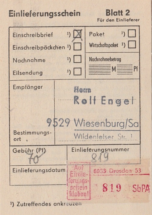 zugehöriger Einlieferungsschein zugehöriger Einlieferungsschein